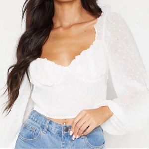 Pretty Little Thing White Dobby Mesh Cup Detail Long Sleeve Crop Top